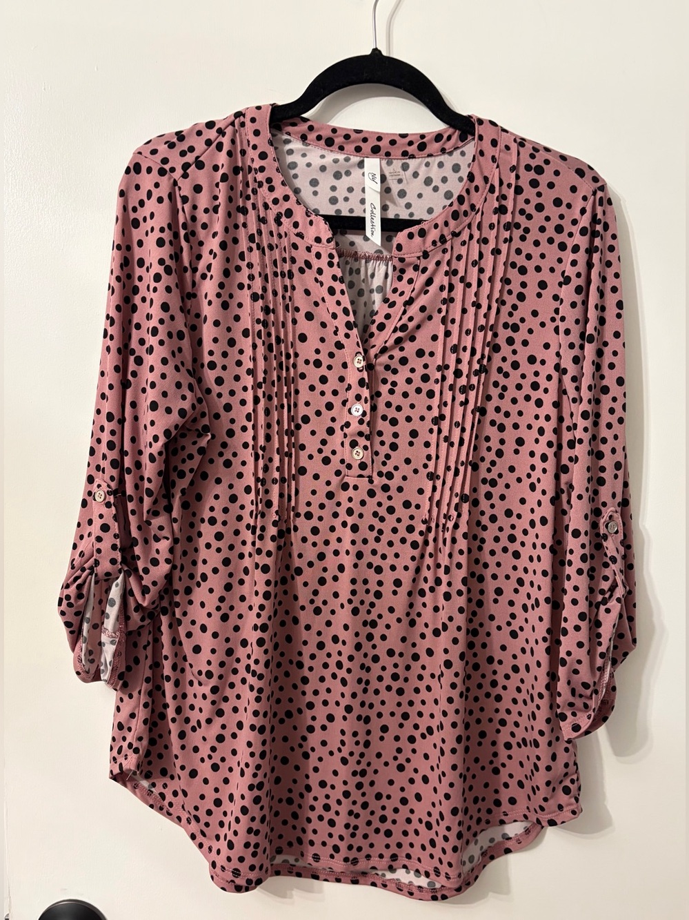 NY Collection Pink and Black Polka Dot Button Front Tunic